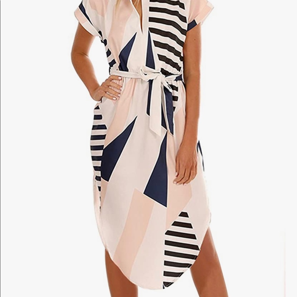 Summer Floral Geometric Pattern Short Sleeve Midi V-Neck Casual Dress with Belt